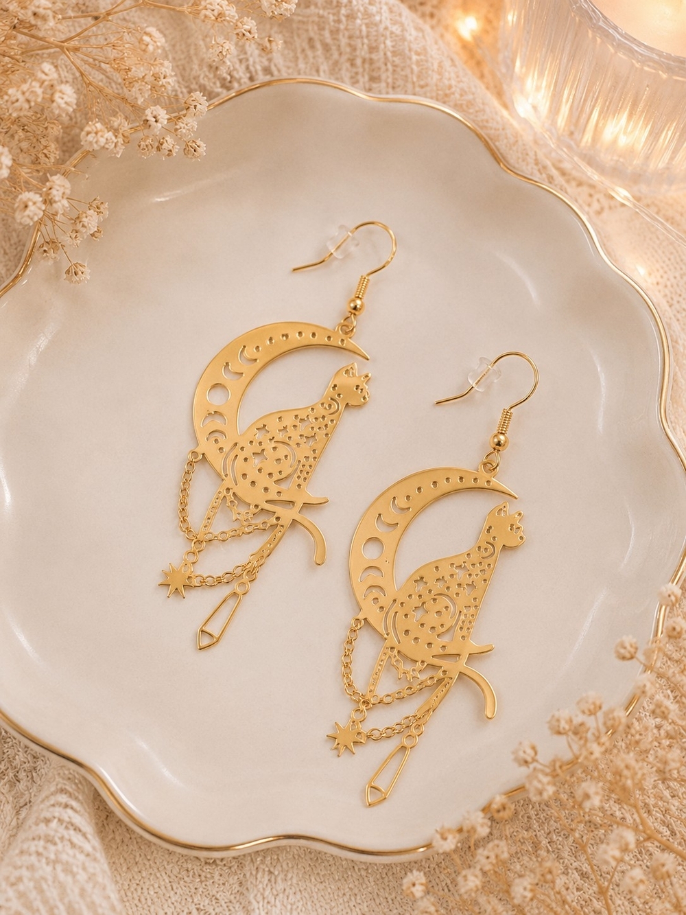 Gold Cat Moon Celestial Dangle Earrings New
